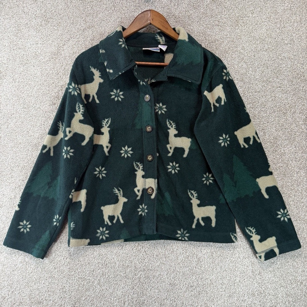 Vtg Northcrest Green Button Front Cardigan Sweater Fleece S Country Christmas